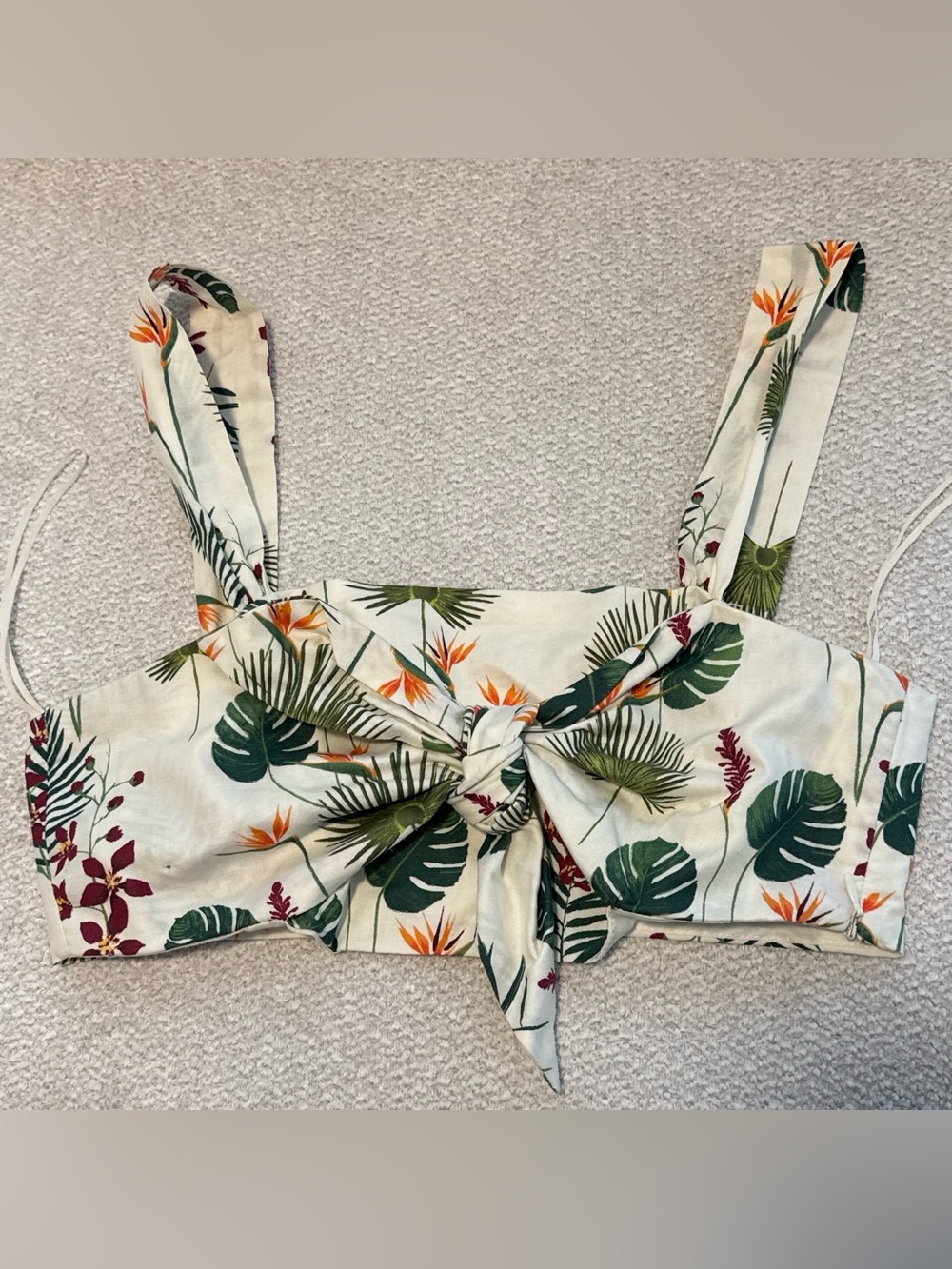 Zara Ivory Tropical Tie-Front Crop Top with Green Leaf Print